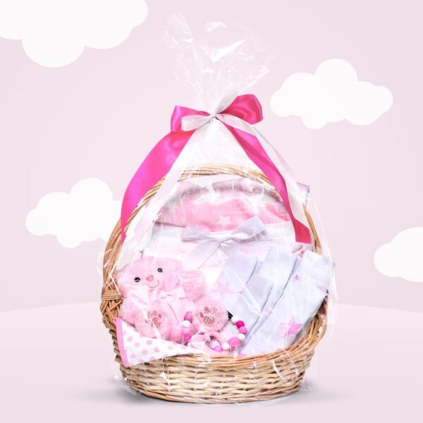 Baby-Geschenkkorb-Mädchen-Teddybär-Folie-rosa